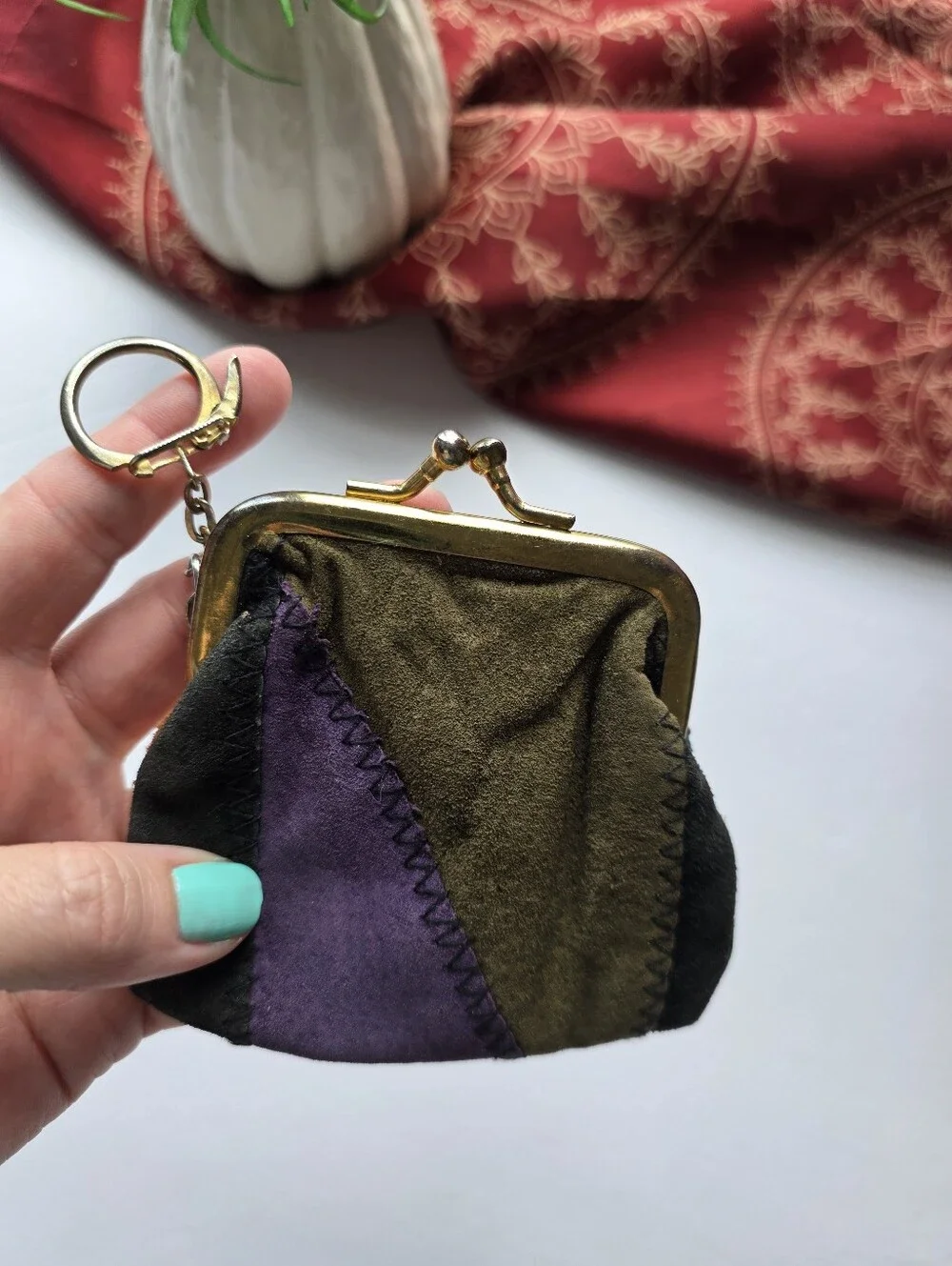 Vintage Leather Patchwork Coin Purse Kiss Lock